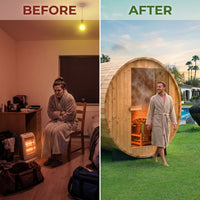 2-Person Luxury Finland Thermo Pine Outdoor Barrel Sauna with Half View Window,Harvia Electric Heater with Sauna Stone, Sauna Accessories Kit and Asphalt Shingle Roof, 4'X6', OBS1812 — Before & After