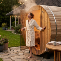 2-Person Luxury Finland Thermo Pine Outdoor Barrel Sauna with Half View Window,Harvia Electric Heater with Sauna Stone, Sauna Accessories Kit and Asphalt Shingle Roof, 4'X6', OBS1812 — Lifestyle