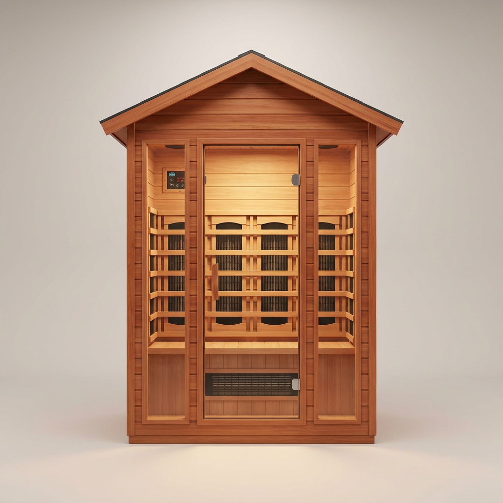 2 Person Outdoor Sauna Infrared Saunas Dry Sauna Room 120V Red Cedar and Okoume Wood Wooden Sauna Spa 1800W APP Control 7 Color Light 48.8 * 37 * 87.4Inch — Studio Shot