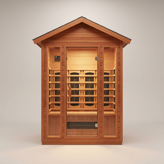 2 Person Outdoor Sauna Infrared Saunas Dry Sauna Room 120V Red Cedar and Okoume Wood Wooden Sauna Spa 1800W APP Control 7 Color Light 48.8 * 37 * 87.4Inch — Studio Shot
