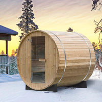 Woodbridge 2-Person Luxury Finland Thermo Pine Outdoor Barrel Sauna with Half View Window,Harvia Electric Heater with Sauna Stone, Sauna Accessories Kit and Asphalt Shingle Roof, 4'X6', OBS1812