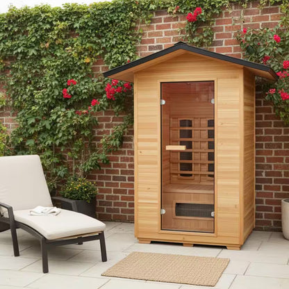 Burlington 2-Person Outdoor Infared Sauna in Hemlock with Weatherproof Cabin, Metal Roof and Bluetooth Sound System