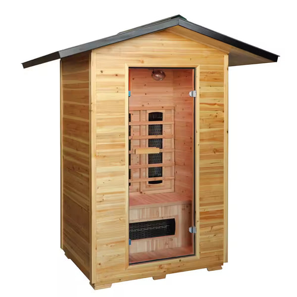 Burlington 2-Person Outdoor Infared Sauna in Hemlock with Weatherproof Cabin, Metal Roof and Bluetooth Sound System