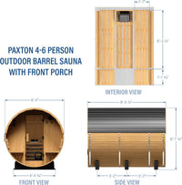 Backyard Discovery Paxton 4-6 Person Traditional Cedar Outdoor Barrel Sauna with Electric Sauna Heater, Front Porch, Sauna Rocks, Dry Heat, Steam Sauna, LED Lights, Wi-Fi Panel, Sauna Accessories