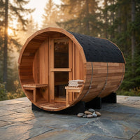 6-Person Patchworkred Cedar Traditional Steam Barrel Sauna — Studio Shot