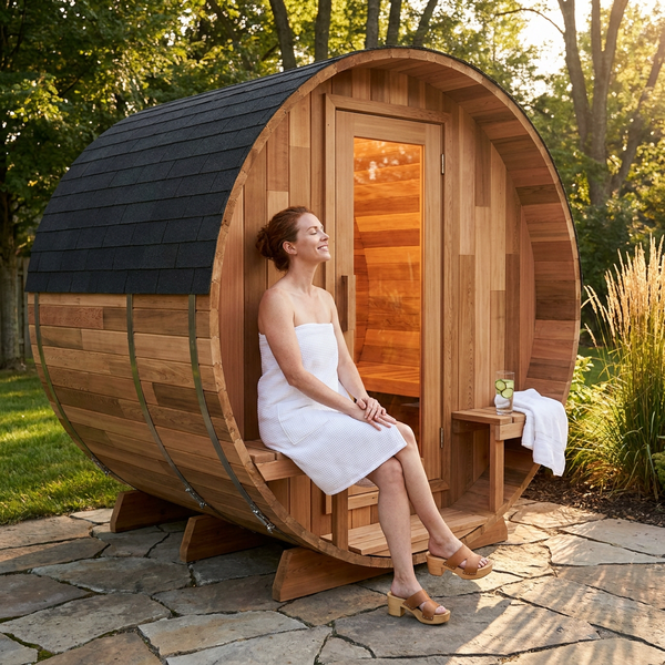 Traditional Steam Barrel Sauna Built for Outdoor Wellness, Patchwork Red Cedar, 6-Person Capacity, 1800mm