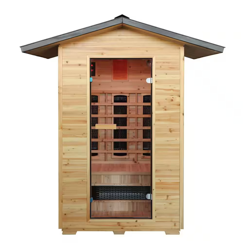 Burlington 2-Person Outdoor Infared Sauna in Hemlock with Weatherproof Cabin, Metal Roof and Bluetooth Sound System