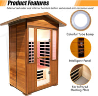2 Person Outdoor Sauna Infrared Saunas Dry Sauna Room 120V Red Cedar and Okoume Wood Wooden Sauna Spa 1800W APP Control 7 Color Light 48.8 * 37 * 87.4Inch