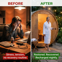 Outdoor Barrel Sauna Built for Wellness, Finland Thermo Pine, Harvia Electric Heater, 4x6 Dimensions — Before & After