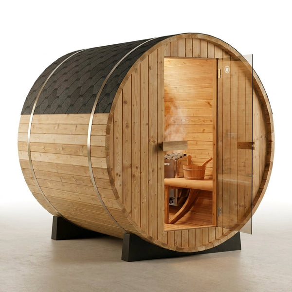 Outdoor Barrel Sauna Built for Wellness, Finland Thermo Pine, Harvia Electric Heater, 4x6 Dimensions — Studio Shot