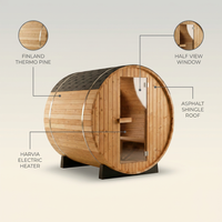 Outdoor Barrel Sauna Built for Wellness, Finland Thermo Pine, Harvia Electric Heater, 4x6 Dimensions — infographic