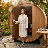 Outdoor Barrel Sauna Built for Wellness, Finland Thermo Pine, Harvia Electric Heater, 4x6 Dimensions — Lifestyle