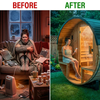 Paxton 4-6 Person Traditional Cedar Outdoor Barrel Sauna with Electric Sauna Heater, Front Porch, Sauna Rocks, Dry Heat, Steam Sauna, LED Lights, Wi-Fi Panel, Sauna Accessories — Before & After