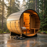 Paxton 4-6 Person Traditional Cedar Outdoor Barrel Sauna with Electric Sauna Heater, Front Porch, Sauna Rocks, Dry Heat, Steam Sauna, LED Lights, Wi-Fi Panel, Sauna Accessories — Studio Shot