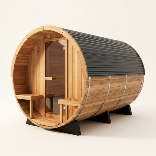Paxton 4-6 Person Traditional Cedar Outdoor Barrel Sauna with Electric Sauna Heater, Front Porch, Sauna Rocks, Dry Heat, Steam Sauna, LED Lights, Wi-Fi Panel, Sauna Accessories — Studio Shot
