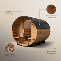 Paxton 4-6 Person Traditional Cedar Outdoor Barrel Sauna with Electric Sauna Heater, Front Porch, Sauna Rocks, Dry Heat, Steam Sauna, LED Lights, Wi-Fi Panel, Sauna Accessories — infographic