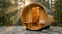 Paxton 4-6 Person Traditional Cedar Outdoor Barrel Sauna with Electric Sauna Heater, Front Porch, Sauna Rocks, Dry Heat, Steam Sauna, LED Lights, Wi-Fi Panel, Sauna Accessories — Lifestyle
