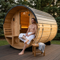 Paxton 4-6 Person Traditional Cedar Outdoor Barrel Sauna with Electric Sauna Heater, Front Porch, Sauna Rocks, Dry Heat, Steam Sauna, LED Lights, Wi-Fi Panel, Sauna Accessories — Lifestyle