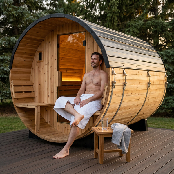 Outdoor Barrel Sauna Built for Home Wellness, 4-6 Person Cedar, Electric Heater, Wi-Fi Control, LED Lights