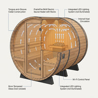 Paxton 4-6 Person Traditional Cedar Outdoor Barrel Sauna with Electric Sauna Heater, Front Porch, Sauna Rocks, Dry Heat, Steam Sauna, LED Lights, Wi-Fi Panel, Sauna Accessories — How It Works