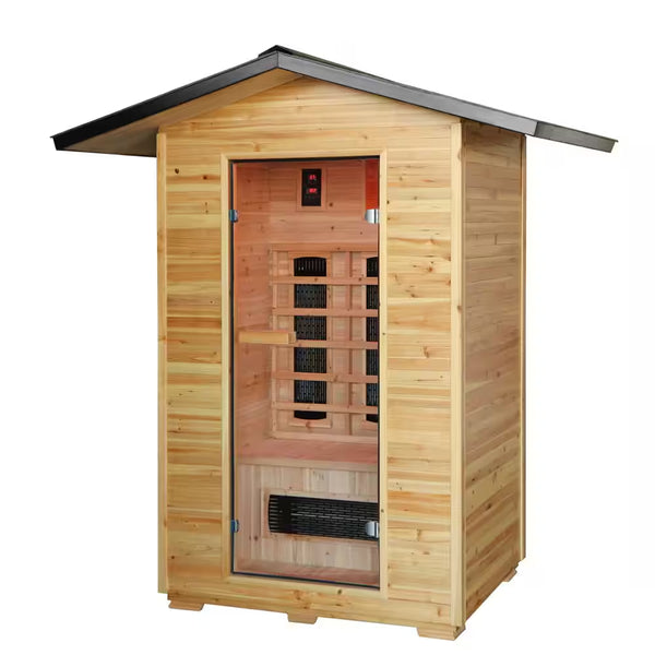 Burlington 2-Person Outdoor Infared Sauna in Hemlock with Weatherproof Cabin, Metal Roof and Bluetooth Sound System